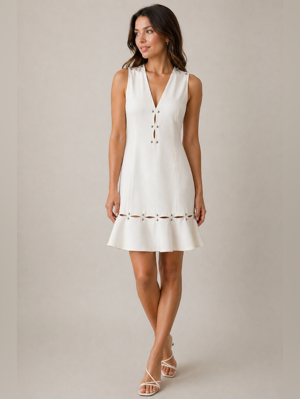 $650 Jonathan Simkhai | Sleeveless Crepe White Studded Midi Dress | Size 4
